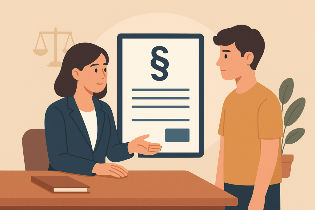 Ilustrácia právničky, ktorá vysvetľuje plnoletému dieťaťu právne otázky týkajúce sa platenia výživného.