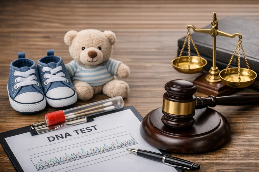 Symbolické zobrazenie zapretia otcovstva, DNA testu a právnych dokumentov